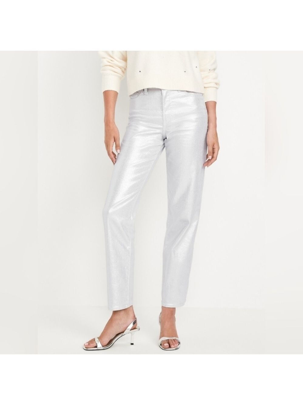 12 • Old Navy • Metallic Silver Shine High Waisted Vintage Slim Jeans